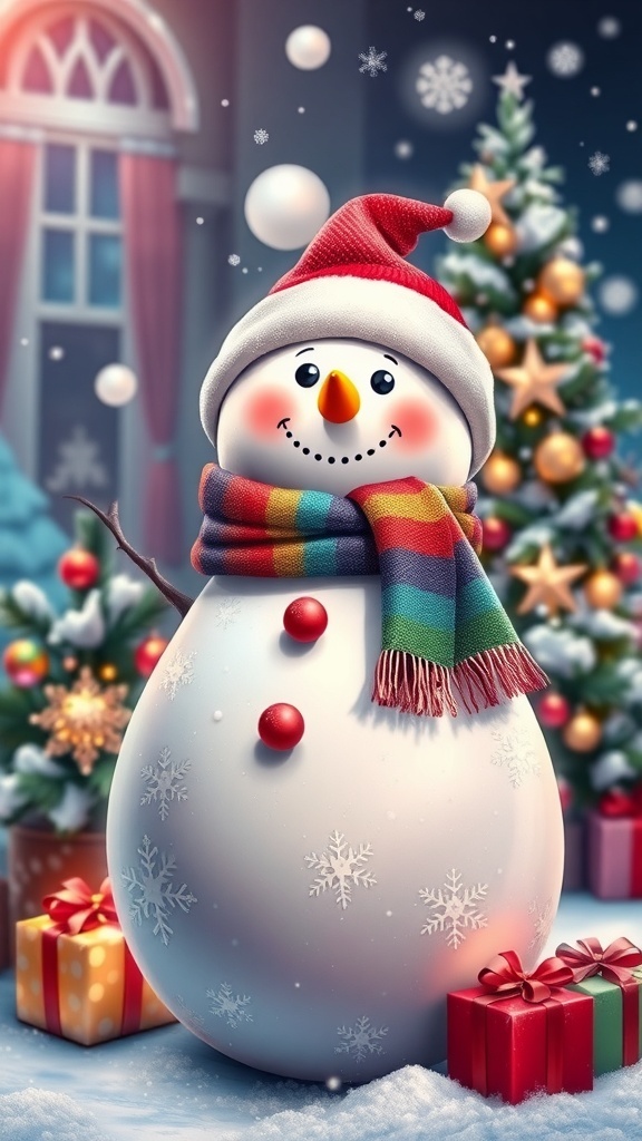 Festive Christmas Wallpaper for PC A cute snowman in a winter scene with a Christmas tree and snowflakes.